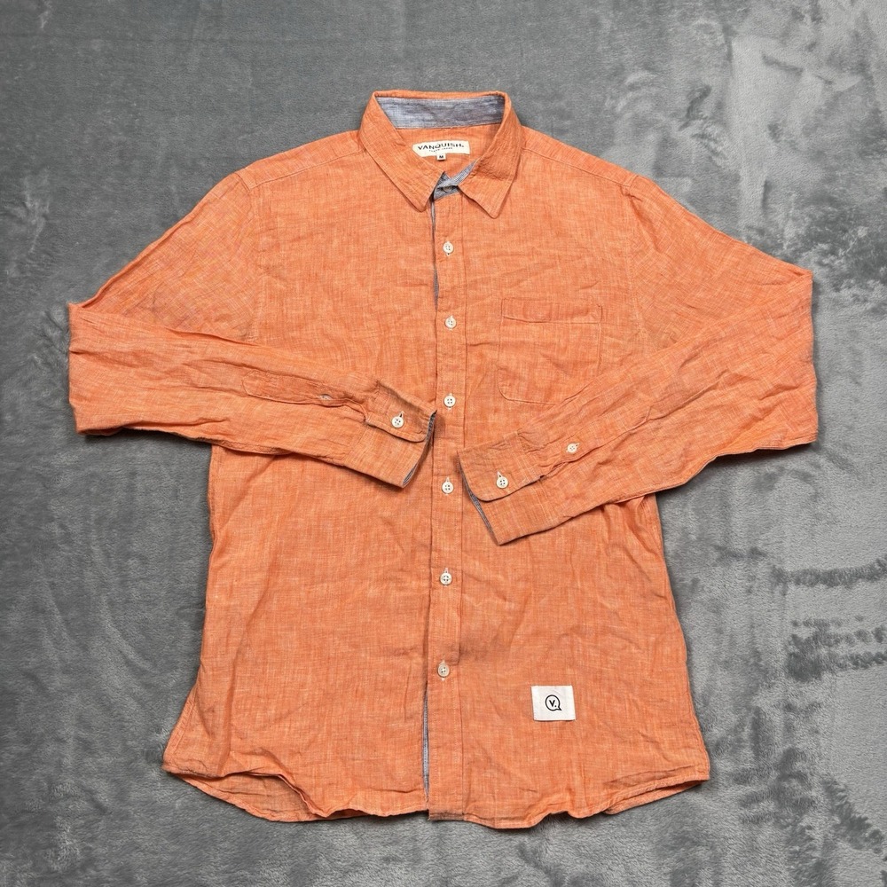 VANQUISH Tokyo Japan Men's M 100% Linen Shirt Orange Long Sleeve Button Up